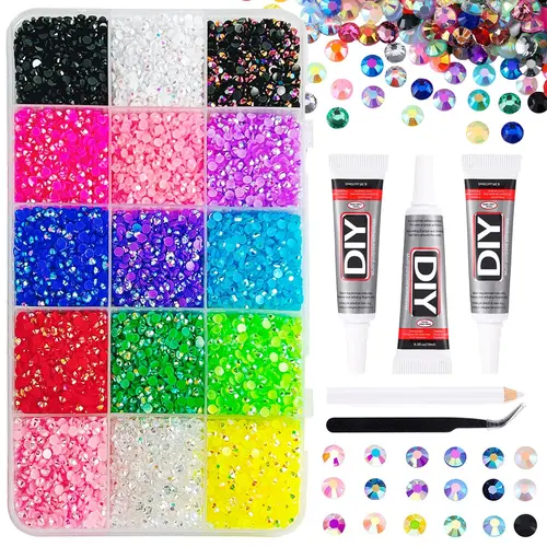 15 Color Resin Jelly Rhinestones Nail Art Kit, Nail Art Products, DIY Nail Decor, Phone Jewelry, Clothing Accessories, Nail Art Rhinestones, Flatback Crystals, with Adhesive Glue, Includes Tweezers and Dotting Tool