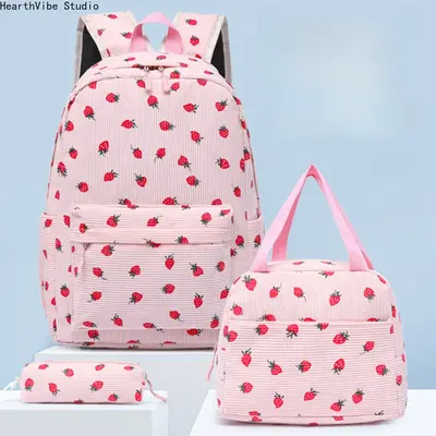 2026 Trending Kawaii Backpack Kid Set, Cute Corduroy 3-in-1 School Bookbag with Lunchbox & Pencil Case, Durable Large-Capacity Student Travel Bag for 8-10 Age Kids' School Use