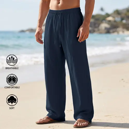 Men’s summer loose lightweight breathable long pants with a drapey feel, drawstring tie, 100% polyester fiber, suitable for beach vacations and everyday wear.