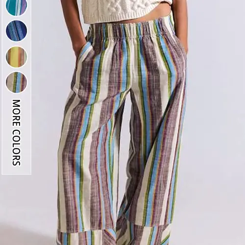 New Summer Autumn Colorful Striped Linen Wide Leg Pants, Elastic Waist Patchwork Loose Slimming Vacation Style Boho Festival Trousers Casual Long Pants for Women