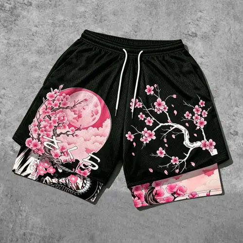 Japanese Cherry Blossom Print Mesh 2-in-1 Gym Shorts, Fitness Shorts, Casual Loose-Fitting Quick-Dry Graphic Shorts, Athleisure Shorts