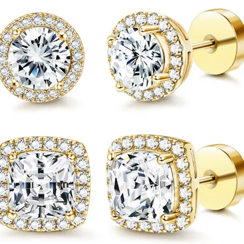 Women's 4-Piece 925 Sterling Silver Plated Earring Stacks, Round/Square Brilliant Cut Halo Frame Studs, Lightweight Hypoallergenic Screw Backs, Non-Tarnish Female Jewelry for Daily Wear, Anniversary Gifts