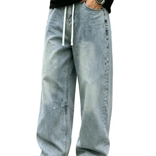 Men's Baggy H-Type Vintage Jeans, Polyester-Cotton-Viscose Blend Casual Streetwear, Oversized Straight Leg Pants with Drawstring Waist, Flat Pockets, Light Indigo or Black Minimalist Retro Rock Preppy Style
