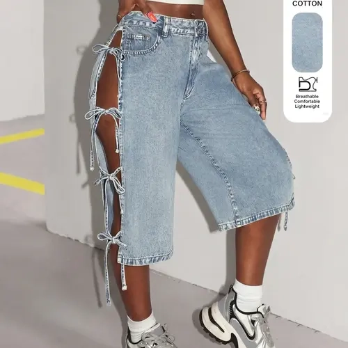 Women's New Basic Style Denim Jean Shorts Bottoms Button, Breathable Side Cutout Design, Sexy Fitted Jeans for Spring Summer, Fashion Elegant Women's Clothing