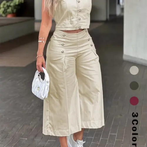 Women's Button Front Sleeveless Vest Top and High Waist Wide Leg Pants Set, Casual Chic Fashion Two-Piece Summer, Perfect for Outdoor Wear, Casual Everyday Set