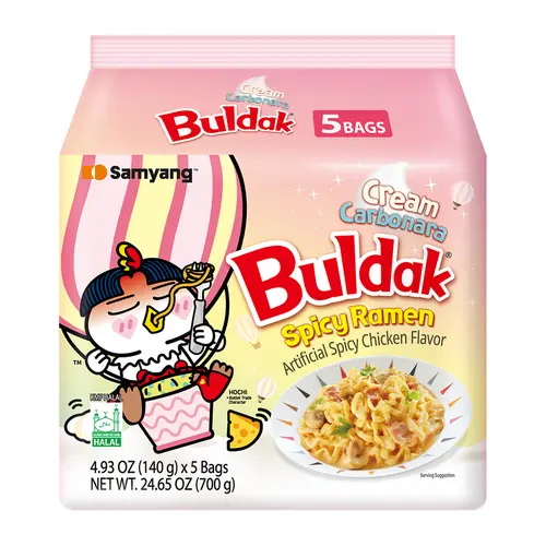 Buldak Korean Spicy Chicken Stir Fried Ramen Cream Carbonara Flavor Super Hot Spicy Noodles Authentic Ramyun (Pack of 5)