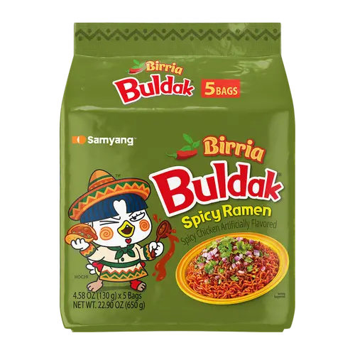 Buldak Chewy Savory Spicy Instant Noodles, Authentic Korean Super Hot Stir-Fried Birria Flavor Ramyun, Instant Ramen (Pack of 5)