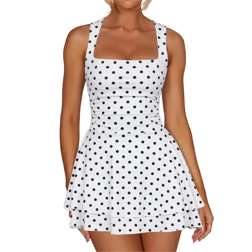 Kaximil Women's Snatched Polka Dot Athletic Mini Dress - Square Neck, Ruched Basque Waist, Ruffle Hem, Sleeveless A-Line 2026 Women's Clothes, Cute Outfits, Clothes to Buy, Night Out Options (Graduation, Summer Wedding Guest Use), Cute Clothes