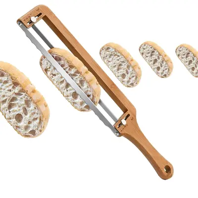 Humwam Adjustable Bamboo Bread Slicer for Homemade Loaves & Sandwiches, Lightweight with Smooth Scale, Serrated Stainless Steel Blade for Perfect Artisan Bread Slices