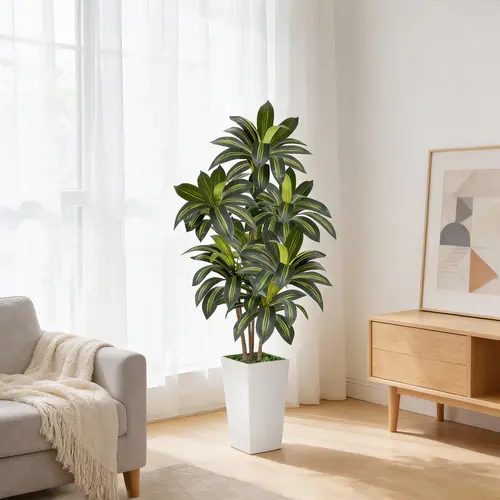 5FT/6FT Plastic Artificial Dracaena Tree - Decorative Fake Plant with White Planter, Photorealism Potted Home Decor Items for Indoor Room Decor, Entryway, Study Office Supplies
