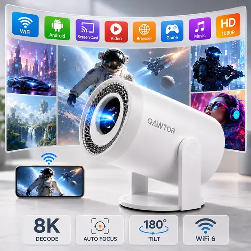 Qawtor Ultra-Bright 300 Lumens Portable Mini Smart Projector - 4K Decoding, 0.9:1 Short Throw, 360° Focus Ring, Indoor Outdoor Room Decor, Up to 235-inch Maximum Display for Home Theater, Travel