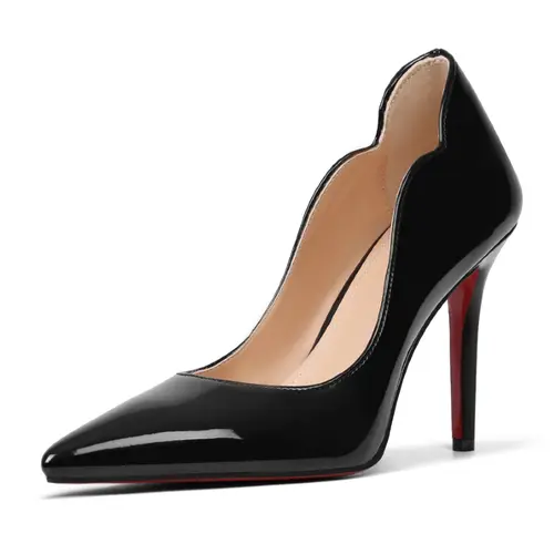 Women’s black patent leather stiletto pumps with red sole, pointed toe, high heels—elegant formal shoes for prom, weddings, parties, office/business wear, and evening cocktail events; classic, comfortable heels
