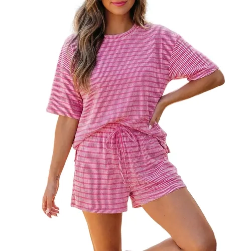 Asvivid Women Stripe Raised Rib Loose Tee Drawstring Elastic Waist 2pcs Short Set