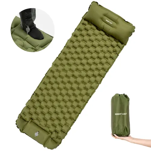Night Cat Unisex Inflatable Sleeping Mat - Extra Thick Honeycomb Cushion, Built-in Foot Pump & Double Built-in Pillows, Compact Cot Pad, Supports Any Sleep Position, Camp Gear for Camping Backpacking Road Trips