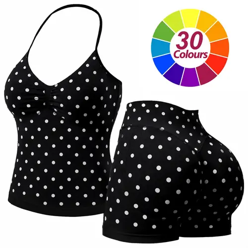 RICH BRIA Womens Gym Sets, Polka Dot Seamless Built-in Bra Halter Tank Top with High Waist Shorts Workout Sets for Yoga Fitness, High Stretchy Breathable & Comfortable Activewear Summer Two-Piece Backless