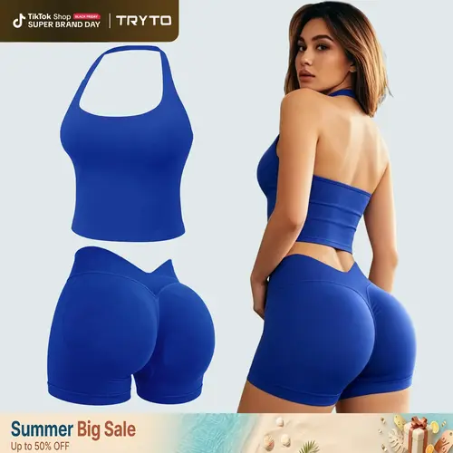 [SIZE UP 1] TRYTO Two Pieces suit Impact Halter Top & V-Back Scrunch Shorts  High Support Butt Lifting Gym Yoga Activewear Set #BackToSchool