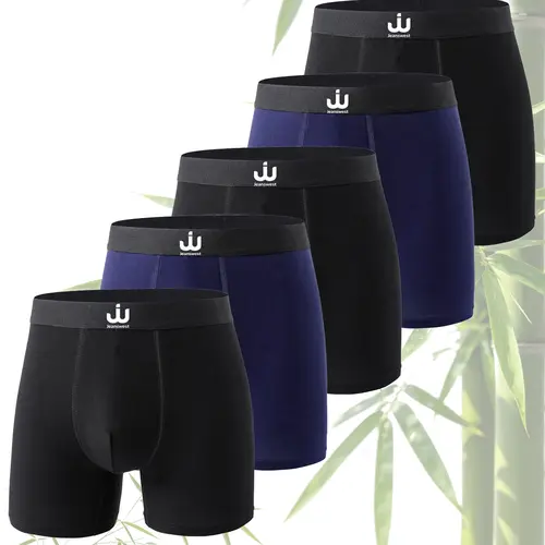 Men's 5-Pack Natural Bamboo Fiber Fabric Long Boxer Briefs, Anti-Curling Breathable Cool Underpants, Casual Underwear for All Seasons