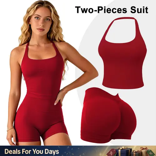 GYMER Women's 2 Piece Sets - High Support Impact Halter Sleeveless Shirt, V-Back Scrunch Butt Lifting Shorts, Gym OOTD Athleisure Wear, Yoga Workout Outfit Inspiration [SIZE UP 1]