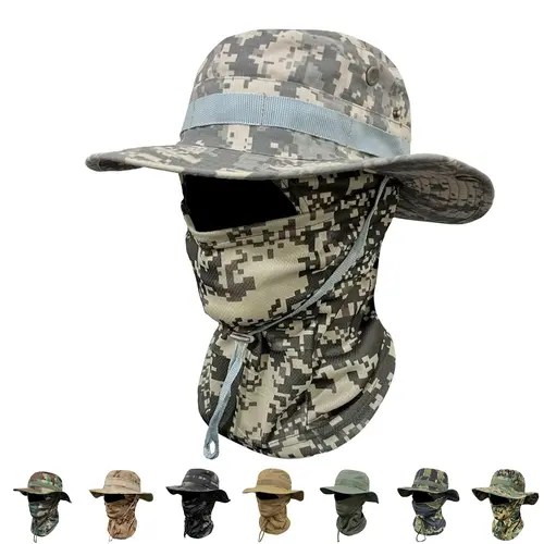 Camouflage Fisherman Bucket Hat Set with Detachable Neck Flap & Face Mask - Adjustable, Windproof, Breathable Mesh Vents & Caps for Sun Protection, Hiking, Camping, Tactical Outdoor Activities, Breathable Mesh Caps