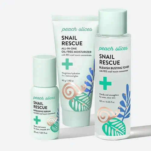 Snail Rescue Power Trio from Peach Slices: Blemish Busting Toner, All-in-One Oil Free Moisturizer, Intensive Serum