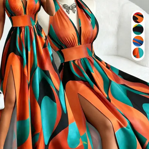 Printed Halter Long Dress, Deep V Neck Split Dress, Vintage Style, Sleeveless Backless, Beach Vacation, Summer New Arrival, Ff2608, Summer Dresses