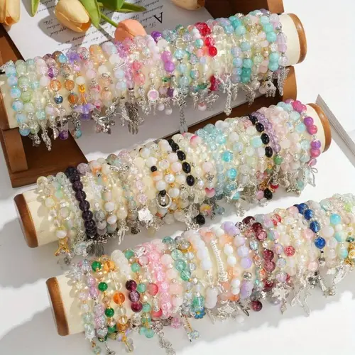 Women's 10/30-Piece Boho Style Bangles Set, Layered Glass Bead Stretch Bands with Floral, Heart & Butterfly Charms, Assorted Colored Wrist Stack Jewelry, Elegant Gift for Daily Wear & Special Occasions