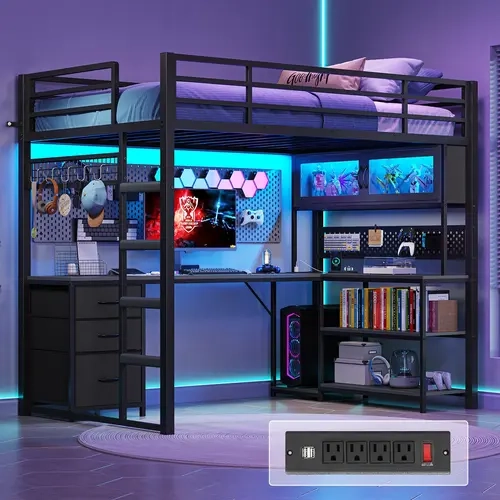 Sikaic Twin Loft Bed with L-Shaped Gaming Desk, Storage Drawers & Hutch, RGB LED Lights, Built-In Charging Station, Metal Loft Bed Frame with Safety Guardrails, Space-Saving Twin Bed for Teens, Home Furniture, Dorm Essentials [tiktokshopbacktoschool]