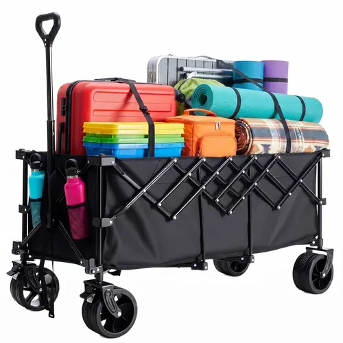 Sweetcrispy 49" Extra Long 440lbs Heavy Duty Collapsible Wagon Cart - 7" x 4" All-Terrain Wheels, 250l Portable Outdoor Utility Trolley for Grocery Shopping, Camping, Garden
