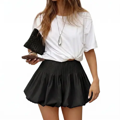 Florboom Women’s Bubble Mini Skorts, Side Pockets, Built-in Shorts, Elastic High Waist, Pleated Balloon Hem Skirts with Shorts, Perfect for Casual, Party, Streetwear, Concert, Summervibes