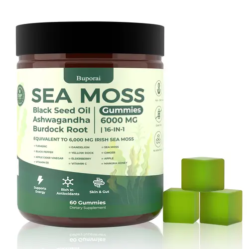 Buporai Sea Moss Gummies 16-1, Black Seed Oil Ashwagandha Turmeric Bladder Wrack Vitamin C Vitamin D3 Elderberry Manuka Dandelion Yellow Dock Apple Cider Vinegar for Men & Womenl nutrients and support immune function.