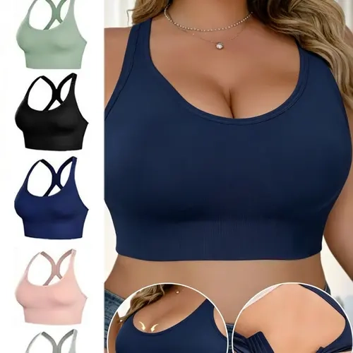 Women's 5-Pack Plus Size Sports Bras (3XL Plus Size Clothes), Seamless Scoop Neck High Support Wireless Cross Back Tops with Removable Padding, Nylon Blend Sporty Chic Gym Wear, Hand Wash Plain Everyday Bras