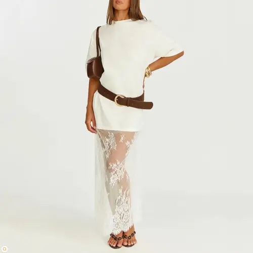 Arssm Women’s Oversized T Shirt Maxi Dress – Sheer Lace Hem Baggy Dress, Drop Shoulder Short Sleeve Streetwear Outfit for Casual Summer Vacation Wear