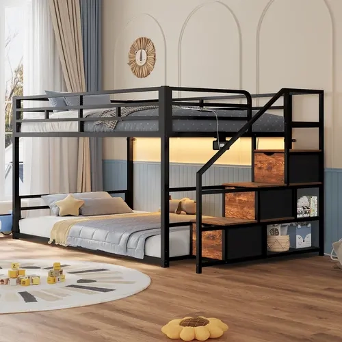 Sikaic Twin Over Twin Low Bunk Bed with Storage Staircase, Drawers & Shelves, RGB LED Lights & Power Outlet, Metal Floor Bunk Bed with Full-Length Guardrails and Metal Slats, Space-Saving Kids Bunk Bed, Home Furniture, Dorm Essentials [tiktokshopbacktosch