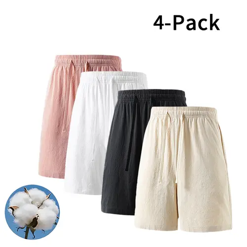 Men's Cotton Linen Shorts 4-Pack - Adjustable, Casual, Breathable Bottoms with Drawstring, Assorted Colors for Summer Vibe, Big Savings, Bottom, Breathable Cotton Linen Men's Shorts, Four Pairs Per Pack
