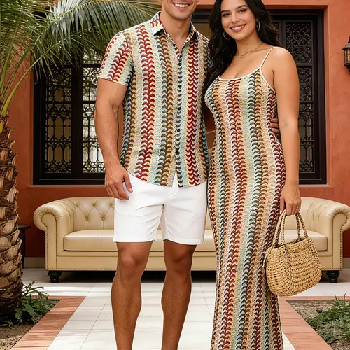 Bohemian Vacation Couple Outfit Colorblock Arrow Ethnic Print Bodycon Knitted Dress and Shirt Set
