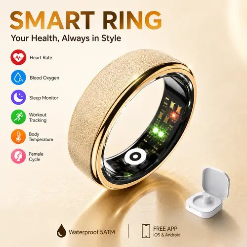Sparkly Smart Ring - Wireless Fitness Tracker, Fitness Ring, Monitor, IP65 Waterproof, Lightweight, Bluetooth, Body Temp Check, SpO2, Heart Rate, Sleep, Stress, Step Count, Activity Tracking, Android & iOS Compatible, Batteries Included for Men & Women