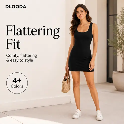 DLOODA Women's Athletic Mini Dress - U-Neck Sleeveless Solid Plain Pocketed Machine Washable Casual Dress with Built-in Shorts Keep You Ready for Tennis, Golf