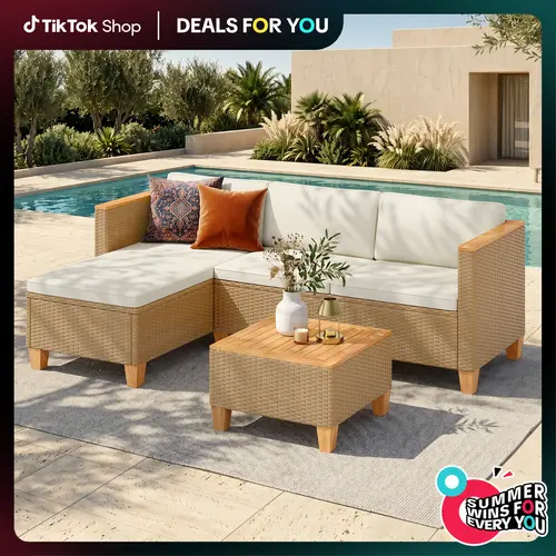 PHIVILLA 3 Seats Outdoor Patio Rattan Furniture Sofa Set with Acacia Wood Coffee Table, Thick Cushions Sofa Set for Balcony, Porch & Patio, Home Decor, TikTokShopBackToSchool