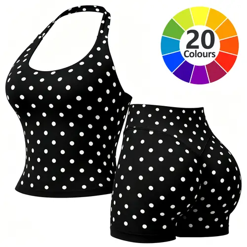RICH BRIA Impact Sports Set, Womens Open Back Halter Top & High Waist Biker Shorts Butt Lifting Leggings Gym Set, Compression Tank Top Biker Shorts Sporty Breathable for Yoga Gym, Running Outfit, Ladies Sportswear, Workout , Athletic, Fitness Gymwear