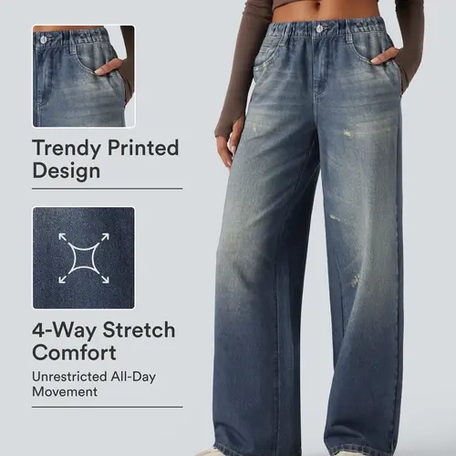 Halara Mid Rise Denim Print French Terry Casual Sweatpants Jeans with Pockets