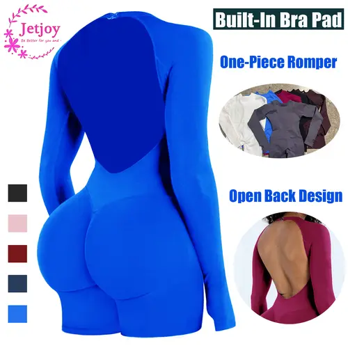 Seamless Long Sleeve Backless Romper, Seamless Jumpsuit Tummy Control Romper for Women Workout Yoga Gym Seamless One Piece Jumpsuit Tummy Control Gym Shorts for Women, Workout Yoga Gym Seamless One Piece,summerwins