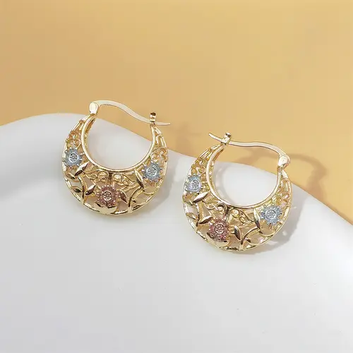 Women's Vintage Flower Hoop Earrings - 14 Karat Gold Plated Tri-Color Filigree Basket Design Costume Jewelry for Daily Wear & Gifting, Earrings For Women
