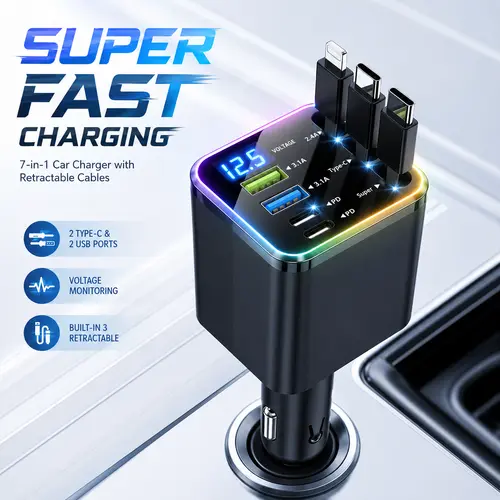 7-in-1 Retractable Fast Car Charger (120W Max): Suport PD 3.0&QC3.0,3 Integrated Cables (Dual USB-C/Lightning) + 4 Extra Ports. Features Smart Chip Safety, Voltage LED & RGB Light. Compact Road Trip Essential for Organized Charging on the Go!, Retractable
