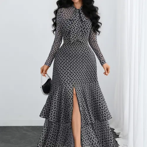 Vintage Polka Dot Belted Stand Collar Long Sleeves Dress, Dual Layer Fish Tail Hem, Elegant Lady Style, Office Wear Long Dress, Business Casual Dress, Dresses With Sleeves