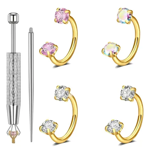 6pcs Value Pack 316L medical-grade titanium steel 18G 1.0mm Horseshoe Nose Hoop Internally Threaded Gems Nose Ring with Free Ball Holder & Guiding Needle#back to school,back to school haul