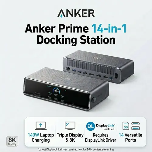 Anker Prime 14-in-1 Docking Station (DL7400) - 14 Powerful Connections, Triple 4K 60Hz DisplayLink, 140W Max, Smart Display, Cooling Fan, USB-A, DisplayPort, for macOS, Windows, MacBooks (Requires Latest DisplayLink Driver)