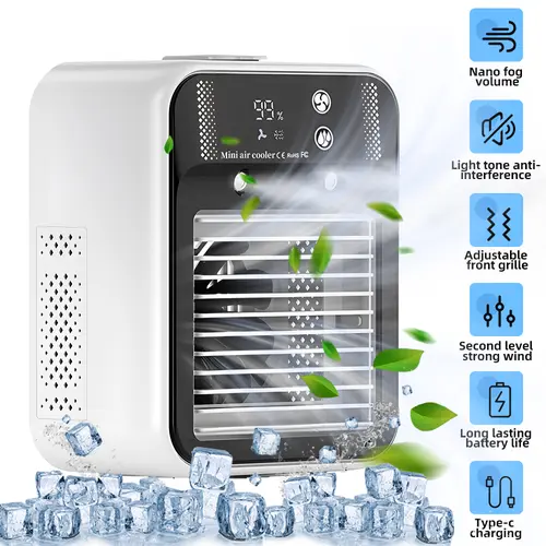 【BackToSchool】 Portable Air Cooler Fan with Mist, 1800mAh Rechargeable & USB Plug-in, 2 Speeds 2 Mist Modes, 500ml Tank <36dB Quiet Mini Fan for Desk & Office Use,dorm essentials,home essentials