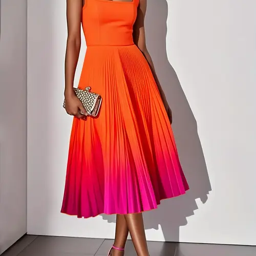 Elegant Sleeveless Square Neck Dress for Women, Womenswear, Gradient Design, Pure Color Fashion, Spring Summer Bestseller, Chic Business Style, Casual Chic Dress, Casual Dresses