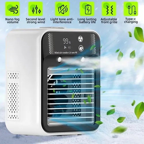 【SUMMER SALE】 Portable Air Conditioner 3-in-1 Fan with 2 Mist Speeds – Personal Evaporative Cooler for Bedroom, Office & Camping, 1800mAh Battery & 500ml Tank Air Cooler