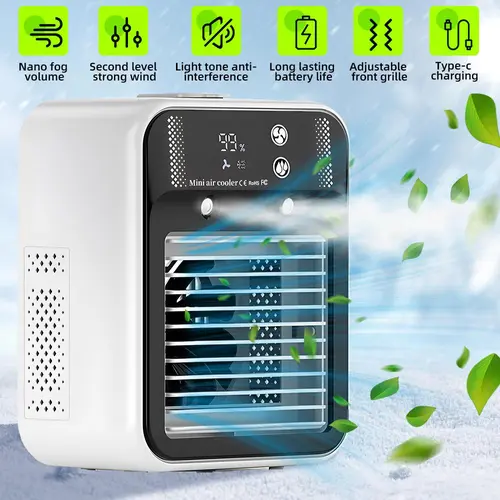 【BackToSchool】2026 NEW Portable Air Cooler, USB Handheld Rechargeable Rotating Cordless Mist Spray Cooling Fan with 2 Speeds for Room, Camping, Portable Handheld Fan, Usb Handheld Fan